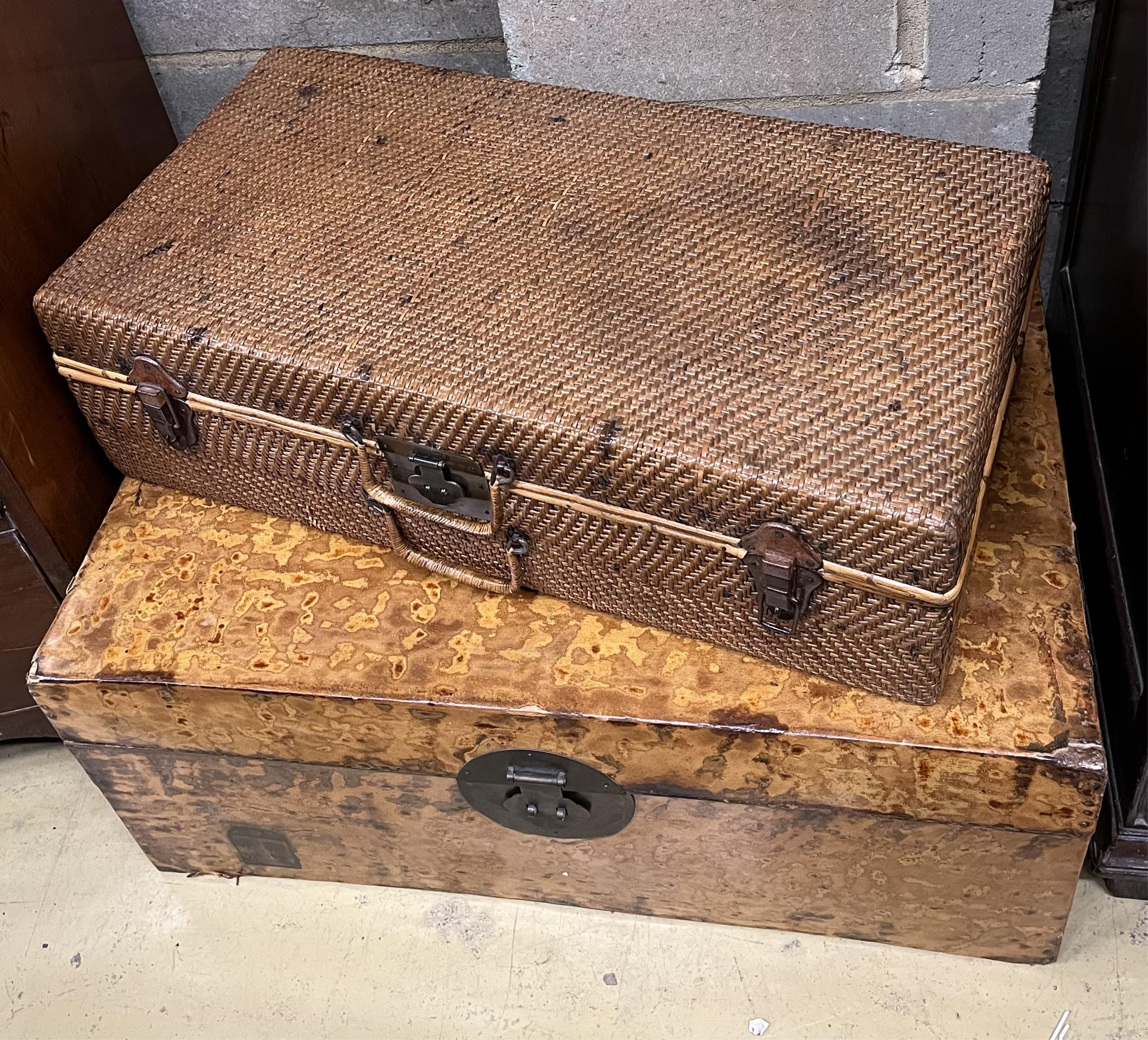 A Chinese rattan trunk, width 74cm, depth 48cm, height 30cm, one other and a French tailor's dummy